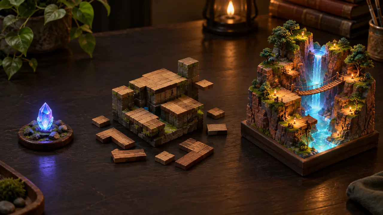 A tabletop diorama of three stages: a crystal seed, wooden tiles assembling a level, and a finished glowing canyon, with no labels