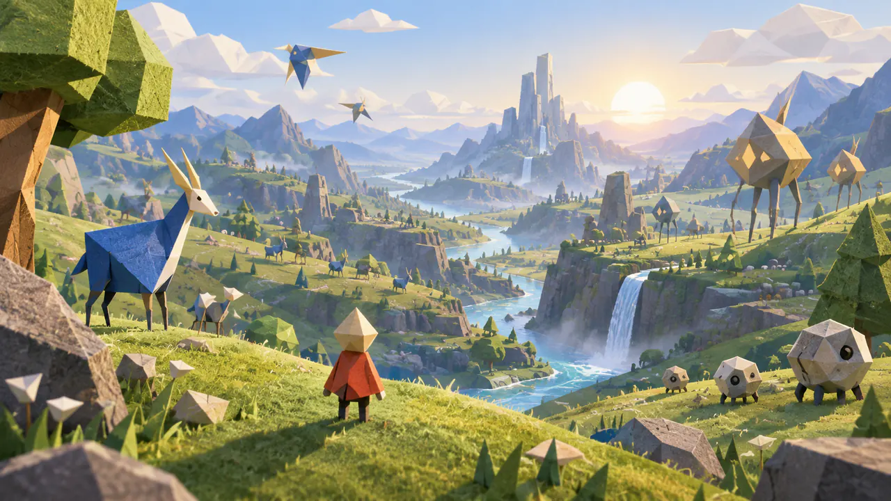 An original endless valley of geometric creatures in morning light, with a small abstract player figure seen from behind