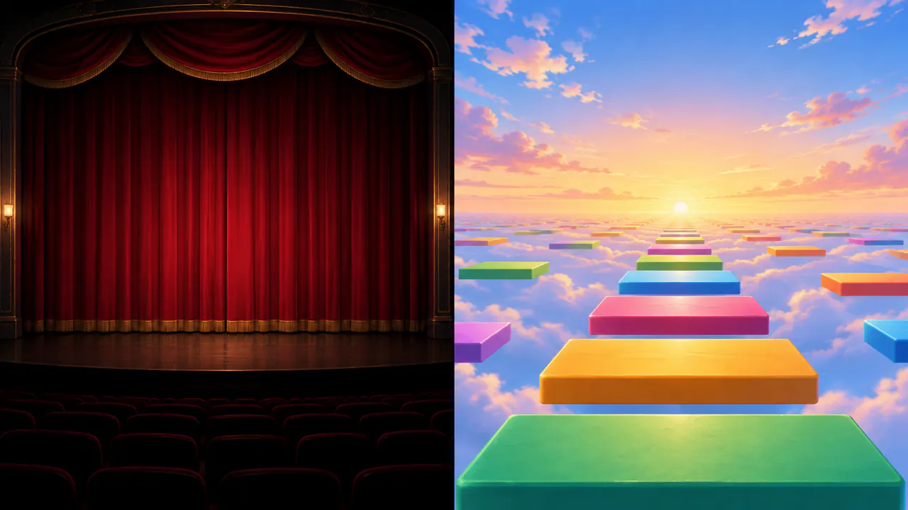 A closed theater curtain beside an open dawn horizon of repeating platforms, contrasting a game that ends with a game that continues