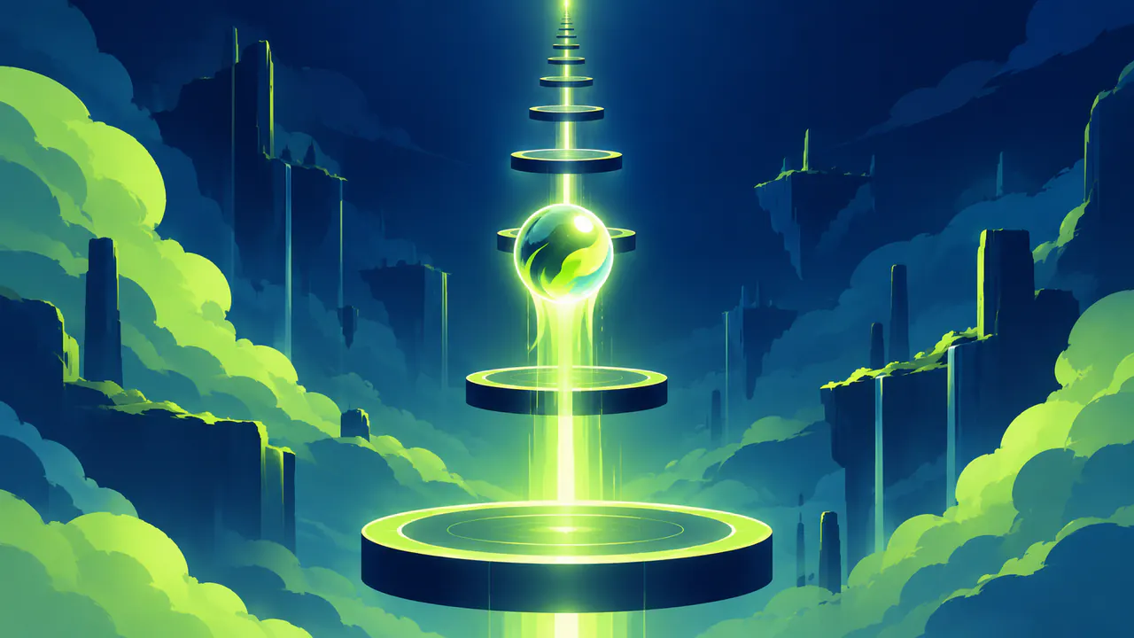An abstract glowing orb climbing a vertical beam while platforms shrink into the distance, suggesting a rising score without numerals