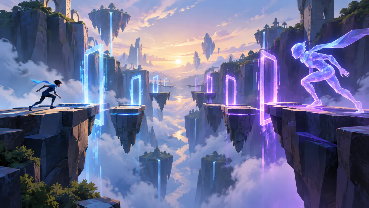 A translucent geometric opponent mirroring a player across a canyon of timed gates