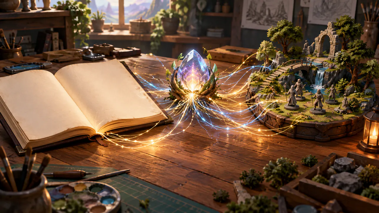 A workshop table where glowing neural threads connect a rulebook, a seed crystal, and a small playable stage