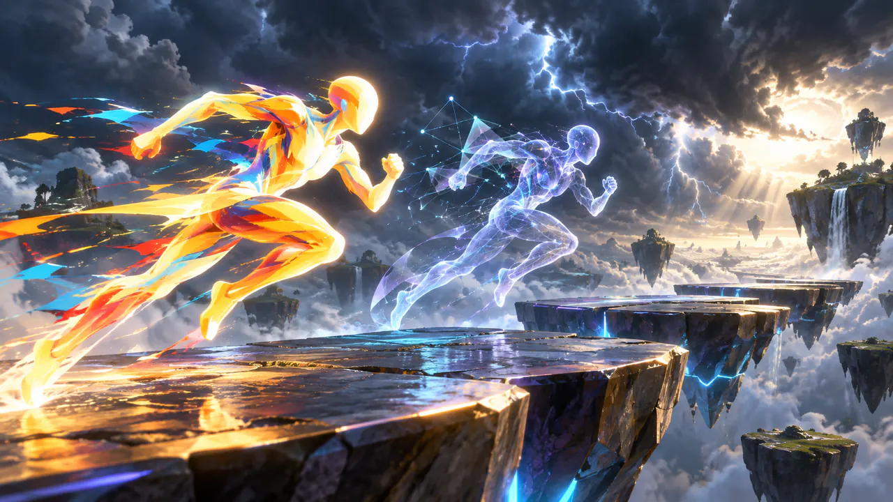An arena of floating platforms where a bright abstract figure races a translucent smarter rival under storm light
