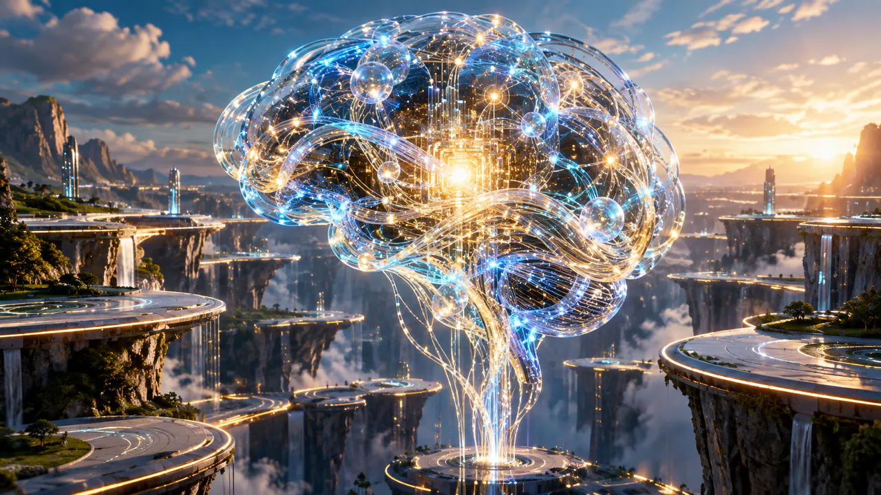 An abstract luminous mind of interlocking circuits hovering above a playable canyon of platforms