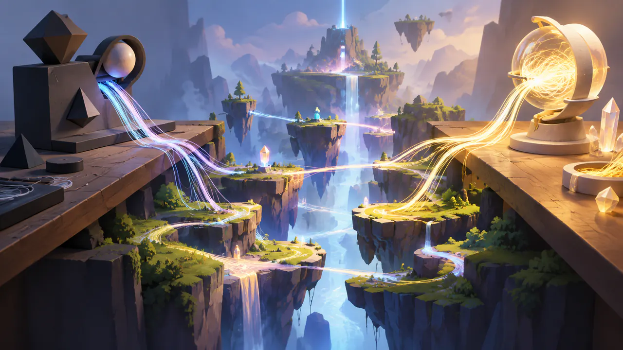 Two abstract authoring tools on a bench — one labeled only by shape, one by glow — feeding the same playable canyon