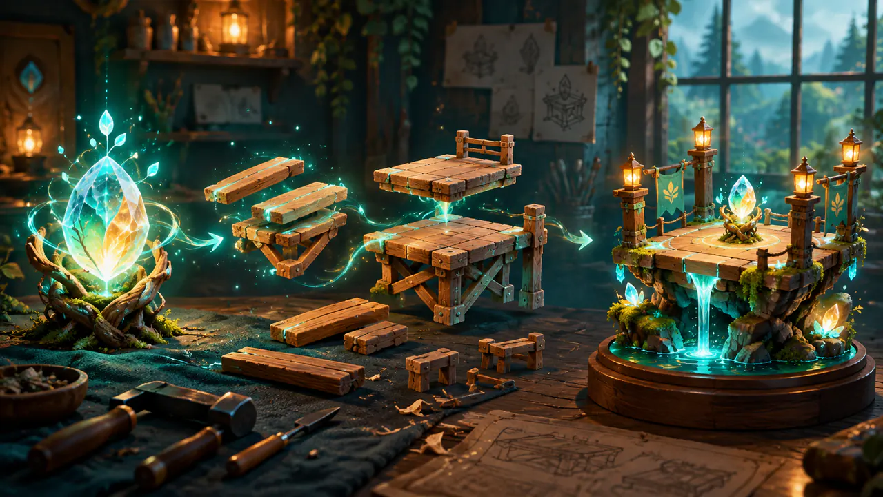 A luminous workshop where a crystal seed becomes assembled platforms and a finished glowing playable stage, without logos or readable text