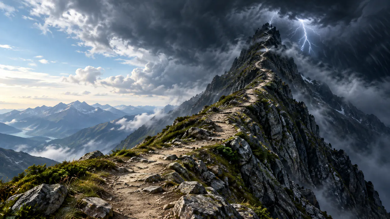 A mountain path growing narrower and steeper as it approaches a storm, a landscape standing in for a rising difficulty curve