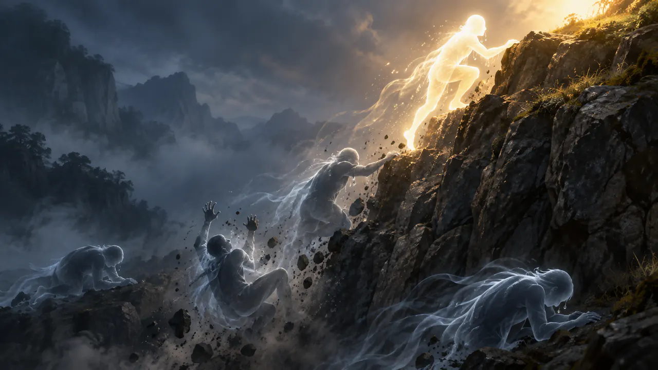 Translucent ghost climbers slipping down a steep rocky cliff while one brighter figure keeps climbing toward the light