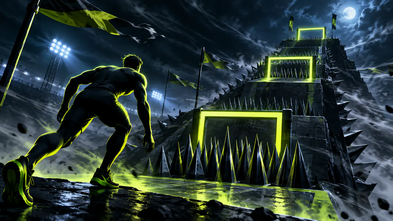 A lone abstract athlete facing a steep obstacle of spikes, timed gates, and wind, with no logos or readable text